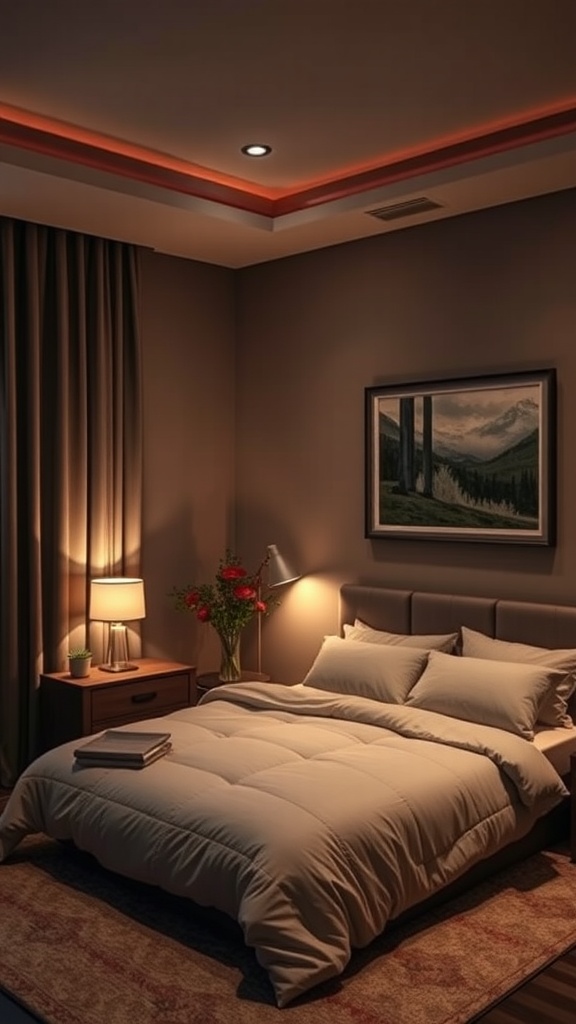 Cozy bedroom with layered lighting techniques including bedside lamp and recessed ceiling lights.