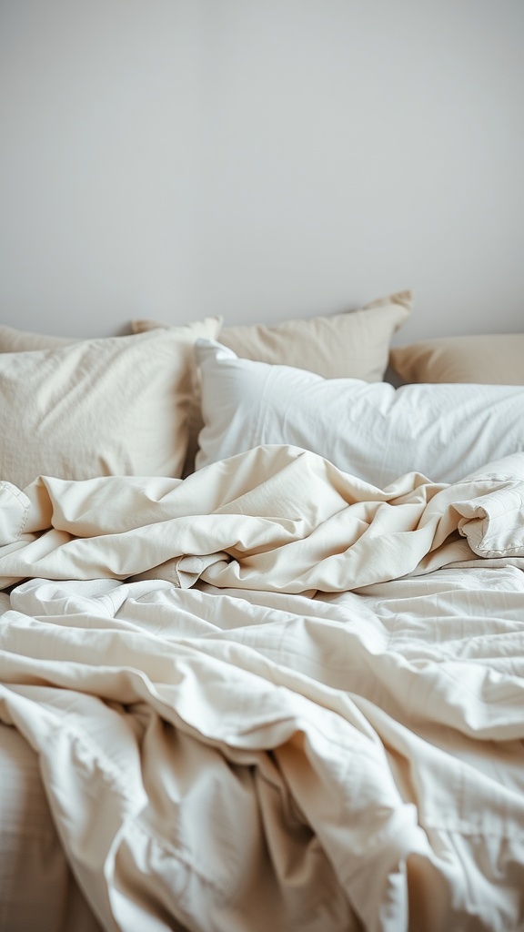 Layered neutral bedding with soft pillows and wrinkled sheets.
