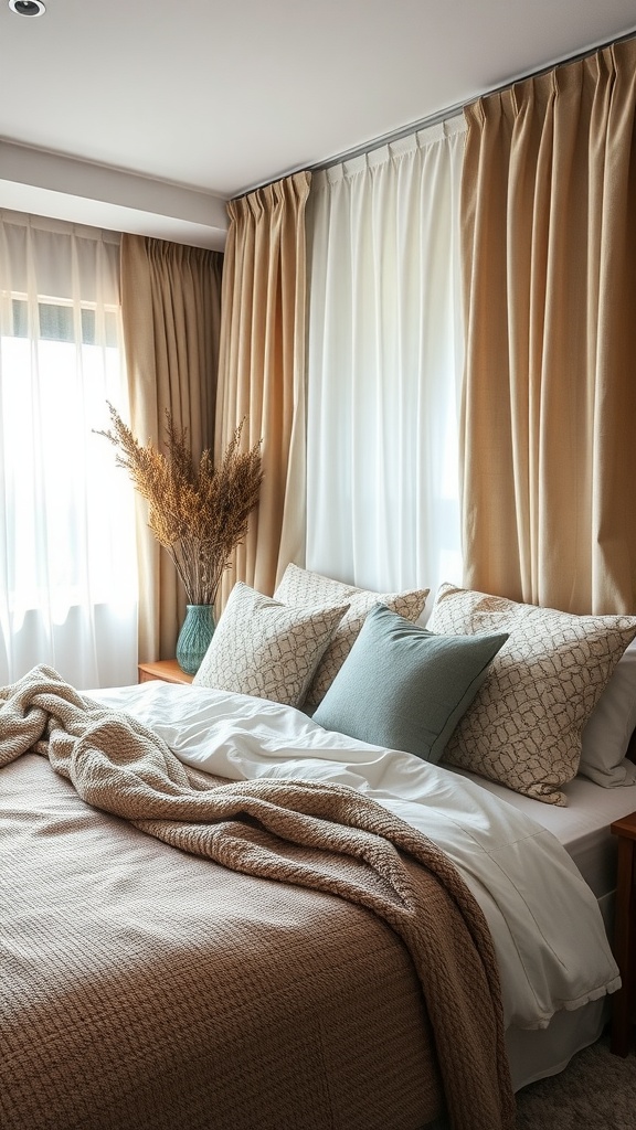 A cozy modern bedroom featuring layered textures with neutral bedding, decorative pillows, and light curtains.