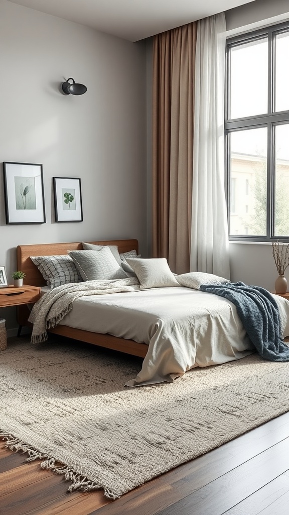 A cozy bedroom showcasing layered textures with a wooden bed, soft bedding, and a woven rug.