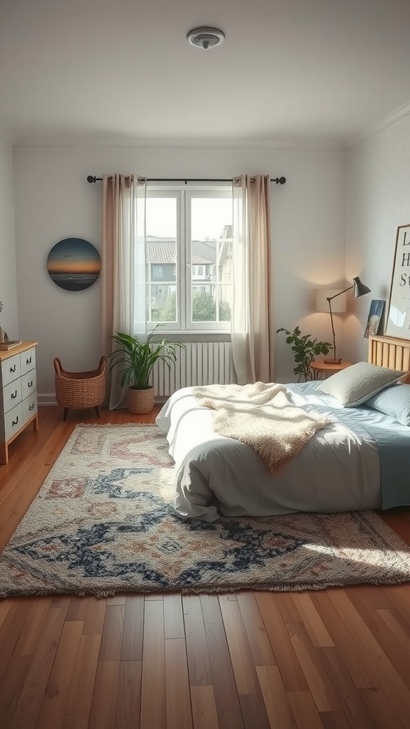 A cozy bedroom featuring a layered rug, soft bedding, and natural light.