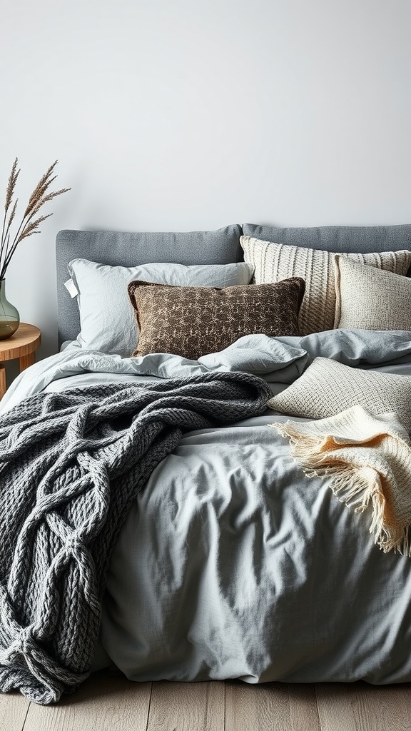 A grey bed with layered textures including a knitted throw and various pillows.