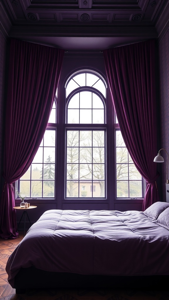 A cozy bedroom with purple velvet curtains framing large windows, showcasing a stylish bed and warm decor.
