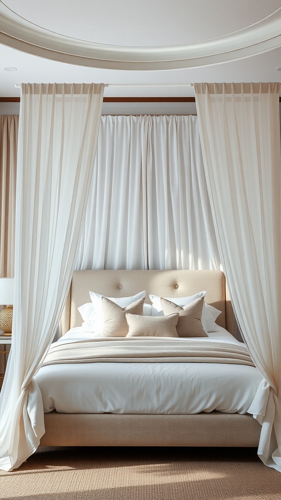 A beautifully designed luxurious canopy bed with soft curtains and neutral colors, creating a cozy bedroom atmosphere.