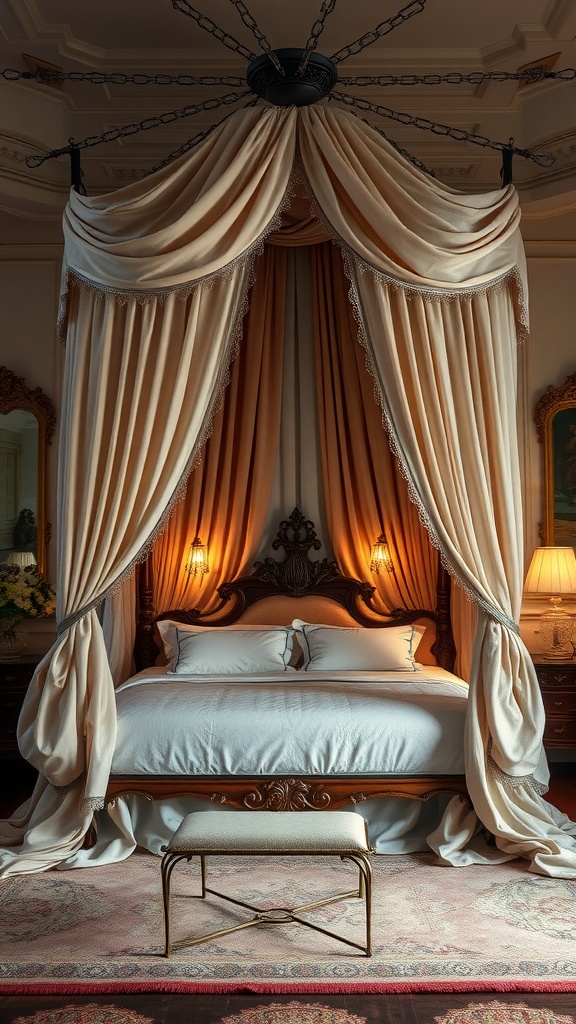 Luxurious canopy bed with elegant drapes and warm lighting