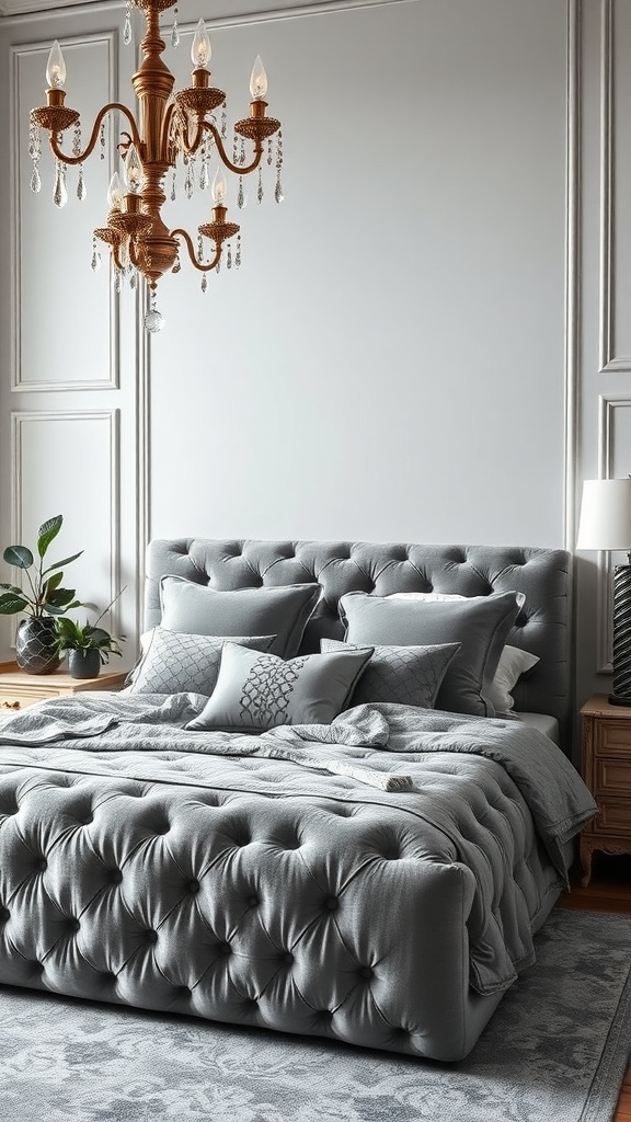 A luxurious grey bed with a tufted headboard and layered grey bedding.
