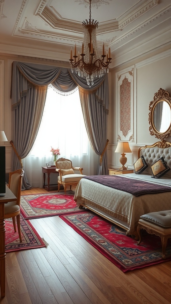 A beautifully designed modern bedroom featuring luxurious textiles, elegant curtains, and decorative pillows.