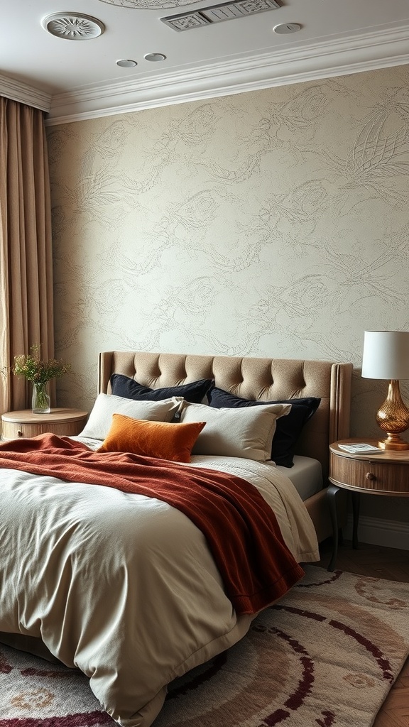 A cozy bedroom featuring layered bedding in neutral tones, a stylish headboard, and elegant wall decor.