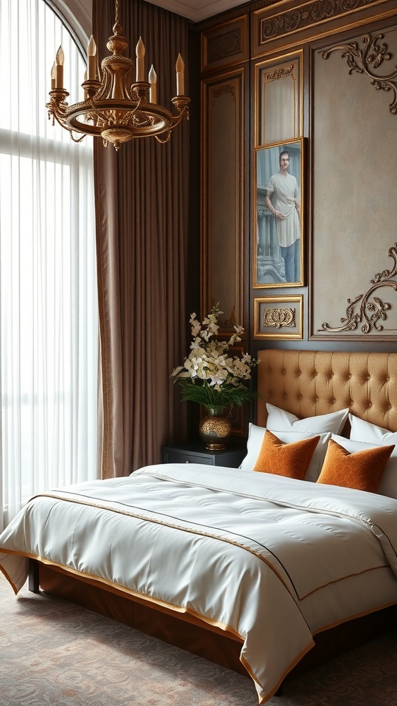 Luxurious bedroom interior with a chandelier, plush bedding, and elegant decor.