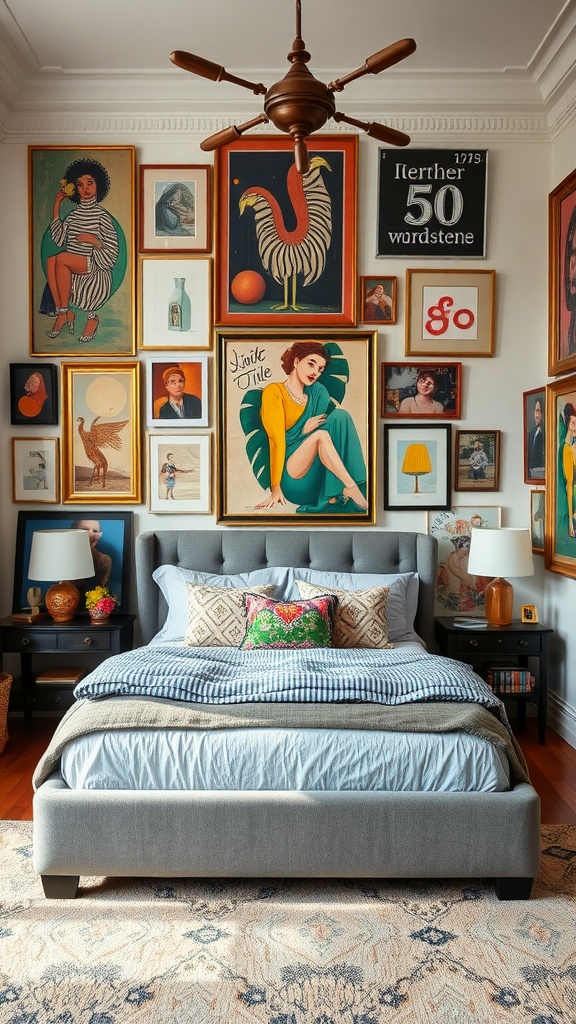 A stylish bedroom featuring a grey bed with a maximalist decor style, adorned with diverse artwork on the walls and vibrant throw pillows.