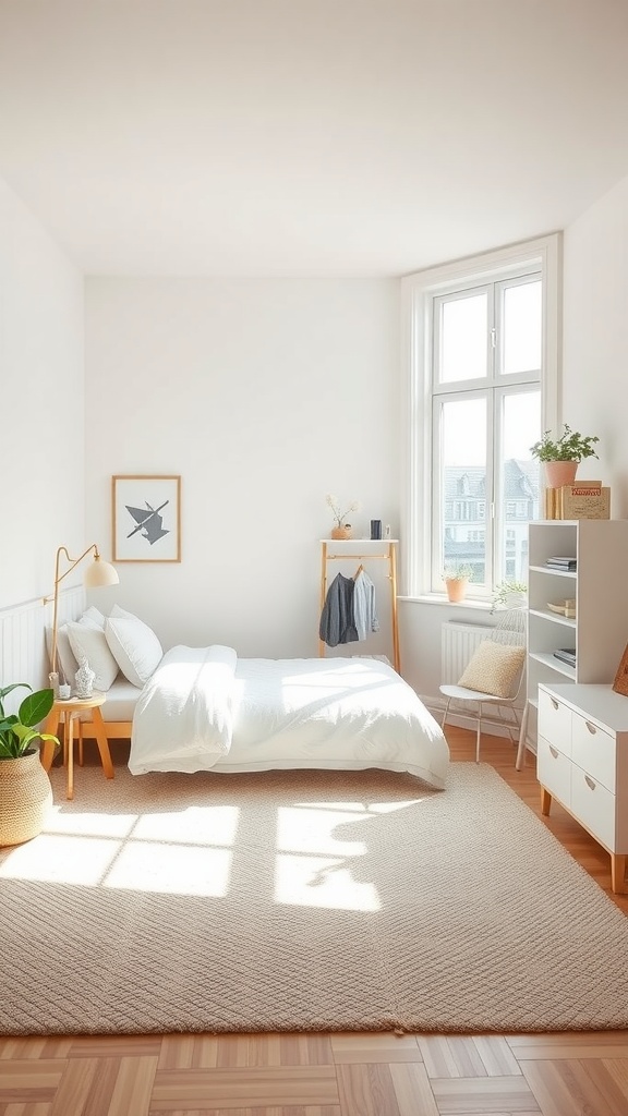 A bright and airy bedroom with natural light, featuring a bed, plants, and wooden accents.