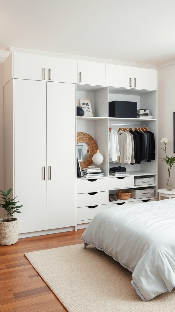 A modern bedroom with a white IKEA wardrobe featuring open shelves and drawers, showcasing organized clothing and decor.