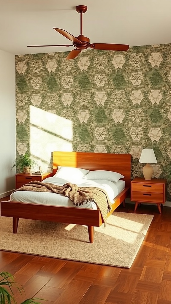 Mid-century modern bedroom with wooden furniture and patterned wallpaper