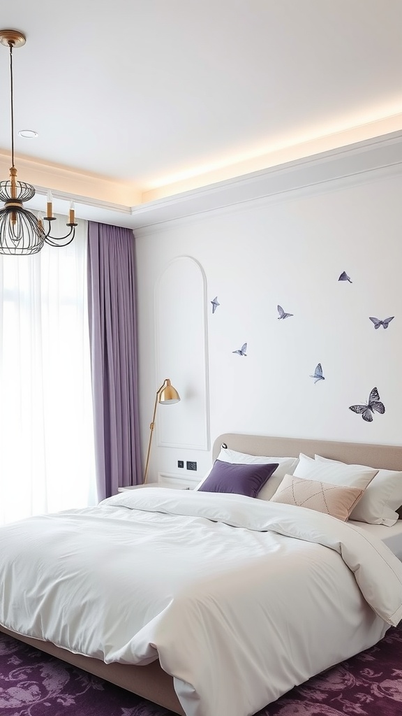 A minimalist purple-themed bedroom featuring light lavender curtains, white bedding, purple accent pillows, and butterfly wall decals