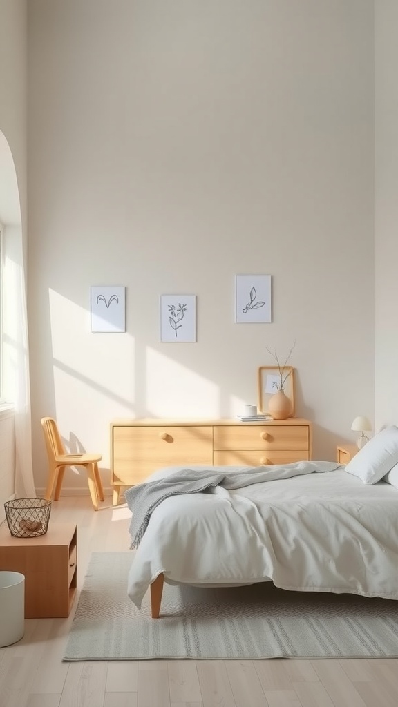 A minimalist Scandinavian bedroom featuring light wood furniture, neutral colors, and simple decor.