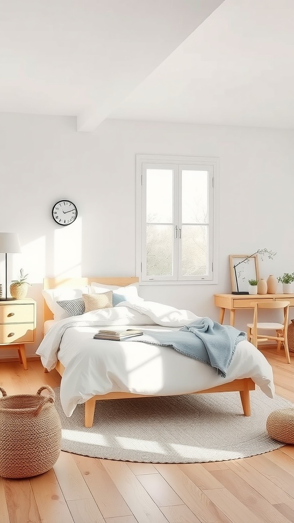 A bright and airy minimalist Scandinavian bedroom featuring a wooden bed, simple decor, and natural light.
