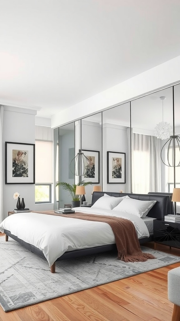 Modern bedroom with mirrored surfaces and stylish decor