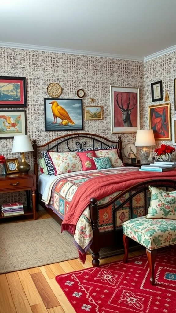 A cozy bedroom featuring a mix of patterns and textiles, with floral bedding, patterned artwork, and a stylish color palette.