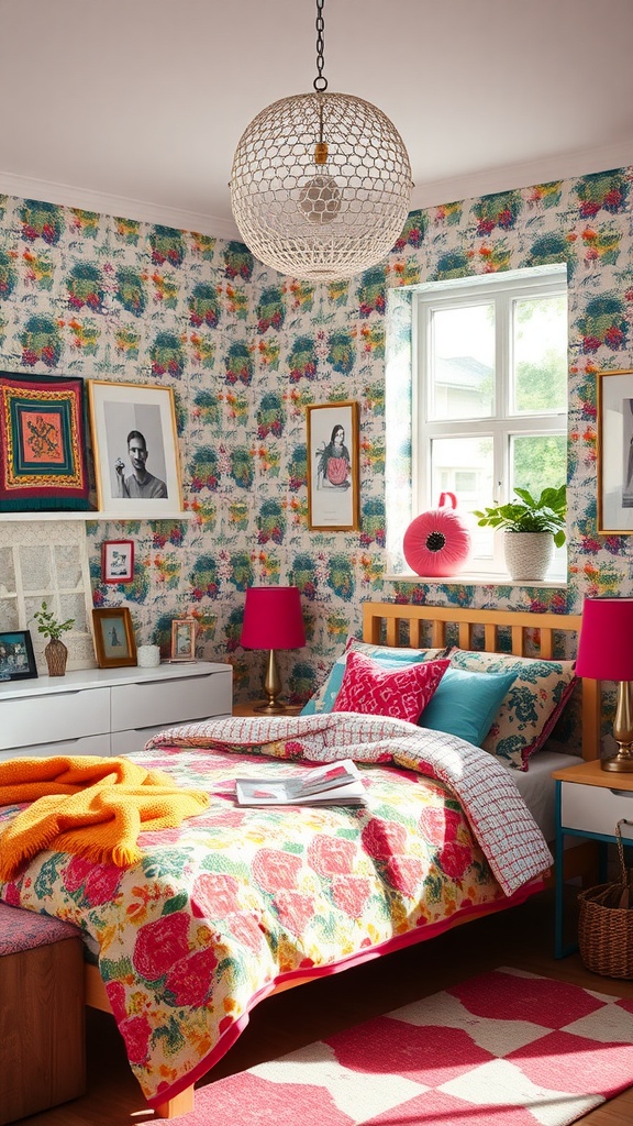 A cozy and colorful bedroom with mixed patterns from IKEA textiles, featuring floral wallpaper and vibrant bedding.