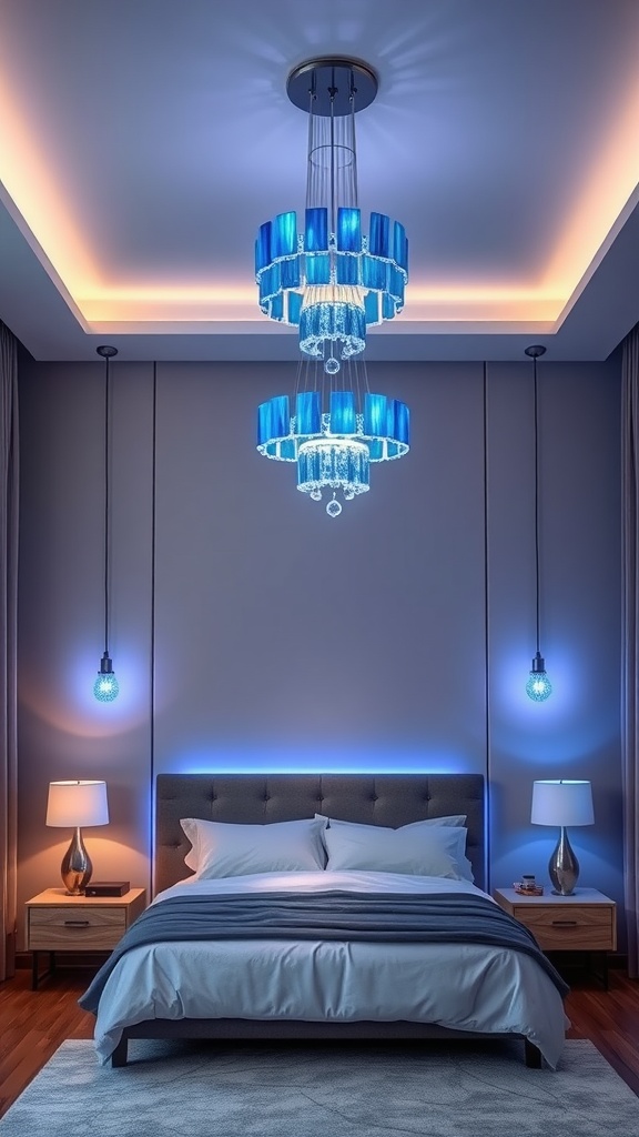 A modern bedroom featuring blue chandeliers, soft lighting from bedside lamps, and blue highlights on the headboard.