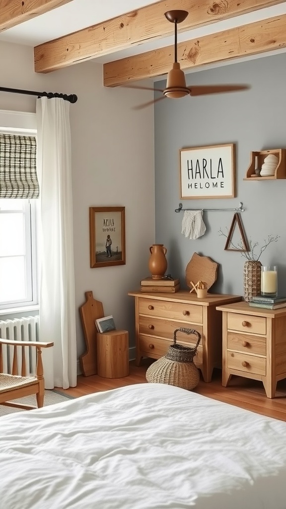 A modern farmhouse style bedroom featuring light wood furniture, cozy textures, and a serene color palette.