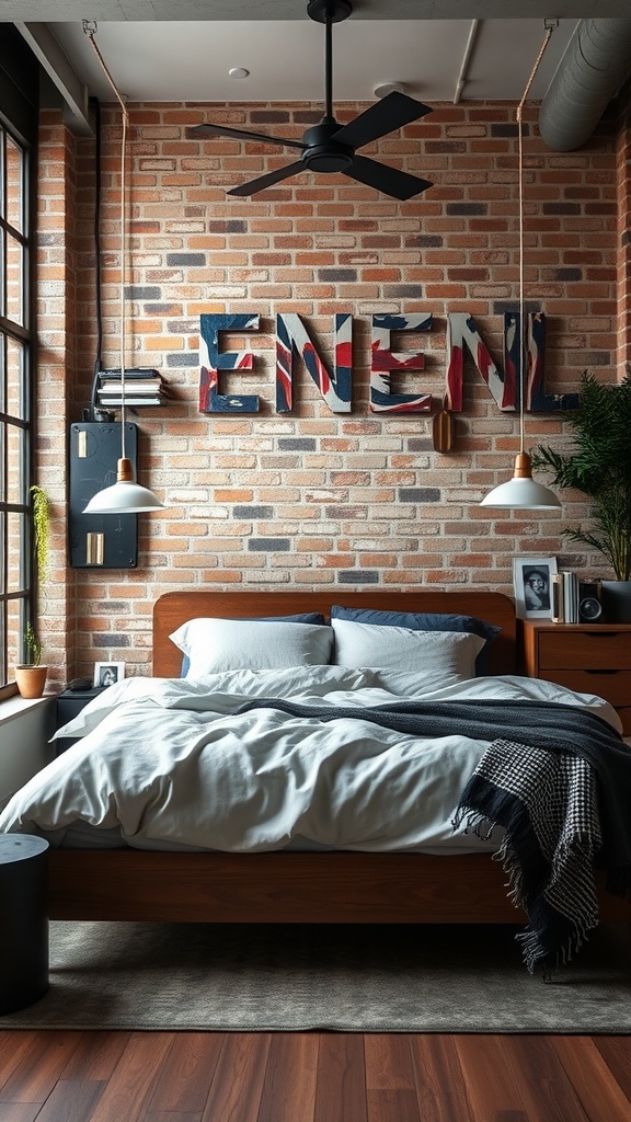 A modern industrial style bedroom featuring a brick wall, wooden furniture, and stylish lighting.
