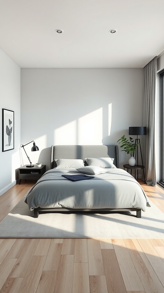 A modern minimalist bedroom featuring a grey bed and natural light.