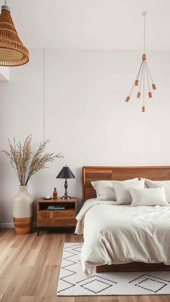 A modern rustic bedroom featuring a wooden bed, neutral bedding, a stylish pendant light, and decorative plants.