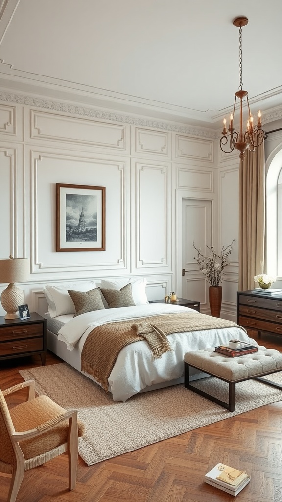 A modern traditional bedroom featuring elegant decor with a cozy atmosphere.