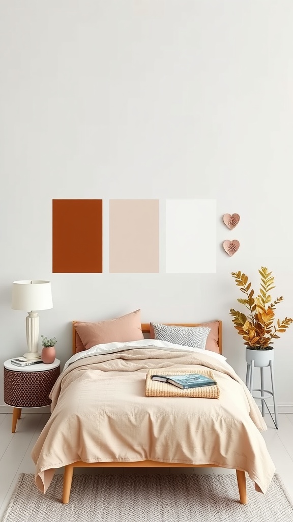 A cozy bedroom featuring a bed with neutral bedding, a bedside table with a lamp, and colorful wall swatches.