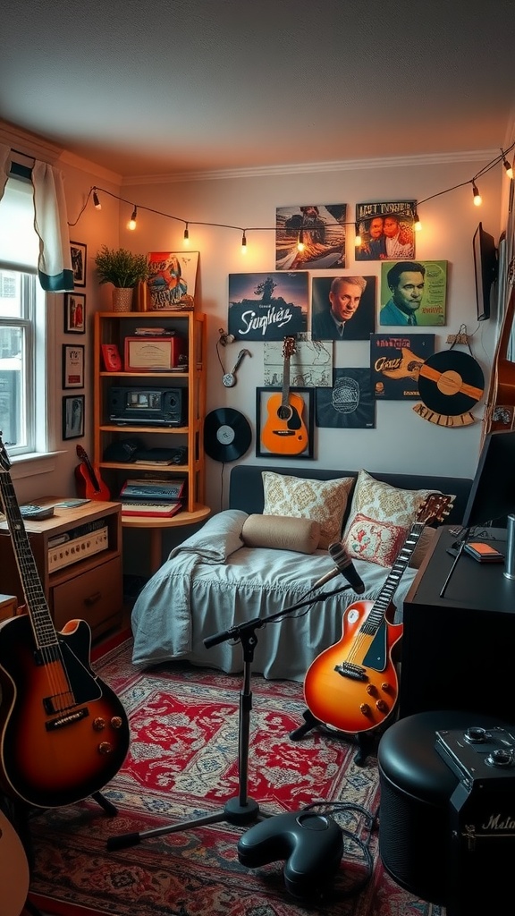 A cozy music studio in a bedroom featuring guitars, vinyl records, and warm lighting.