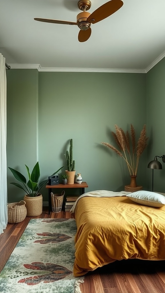 A cozy bedroom with green walls, mustard yellow bedding, and indoor plants
