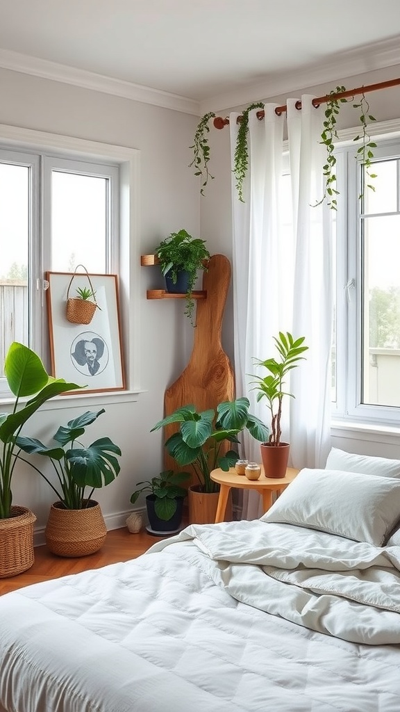 A modern bedroom decorated with a variety of plants and natural elements.