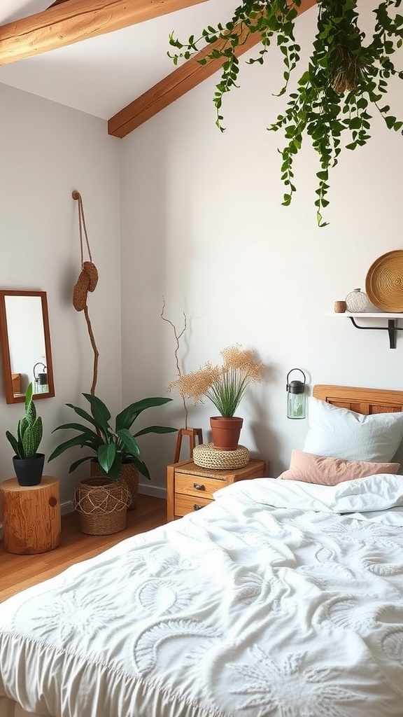 A cozy and nature-inspired bedroom with wooden accents, green plants, and soft textiles