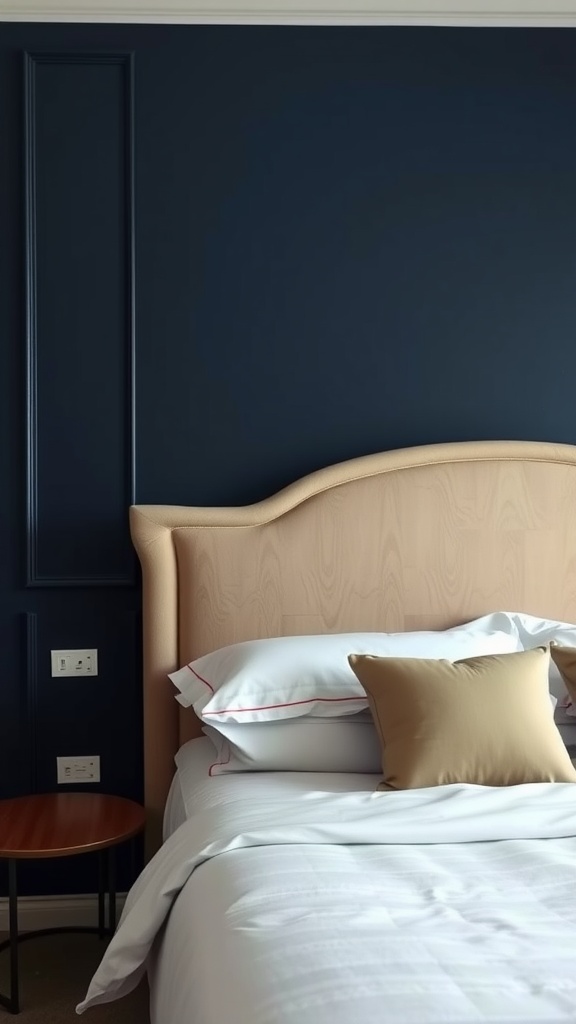 A cozy bedroom featuring a navy blue accent wall and light-colored bedding.