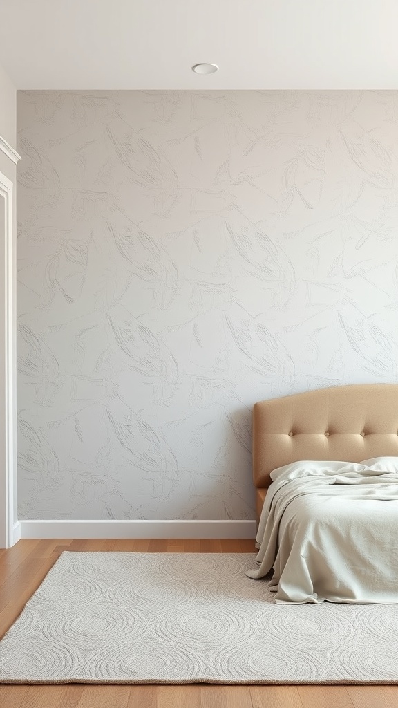A neutral accent wall with a textured design in a modern bedroom setting, featuring a light beige color and minimalistic decor.
