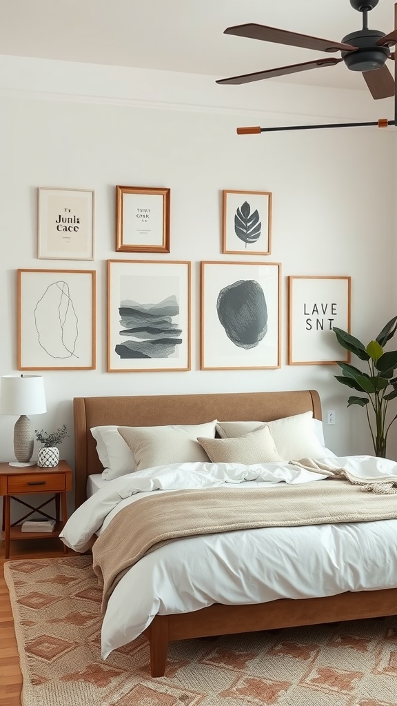 A cozy bedroom with a neutral artwork display featuring a variety of framed pieces in soft tones.