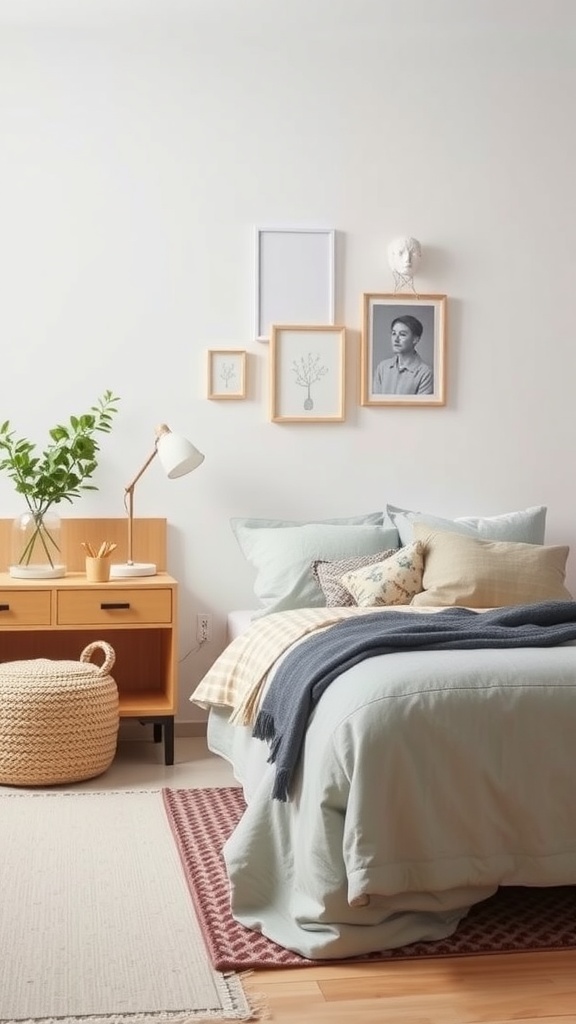 A cozy bedroom featuring soft green bedding, natural wood furniture, and neutral decor.