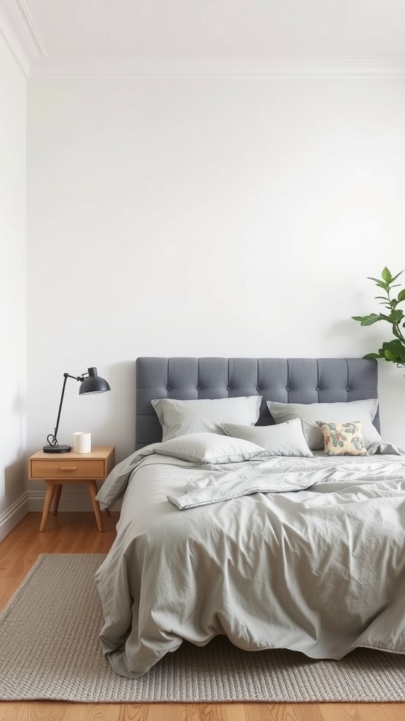 A cozy bedroom featuring a grey bed with soft bedding, a bedside table, a lamp, and a plant.