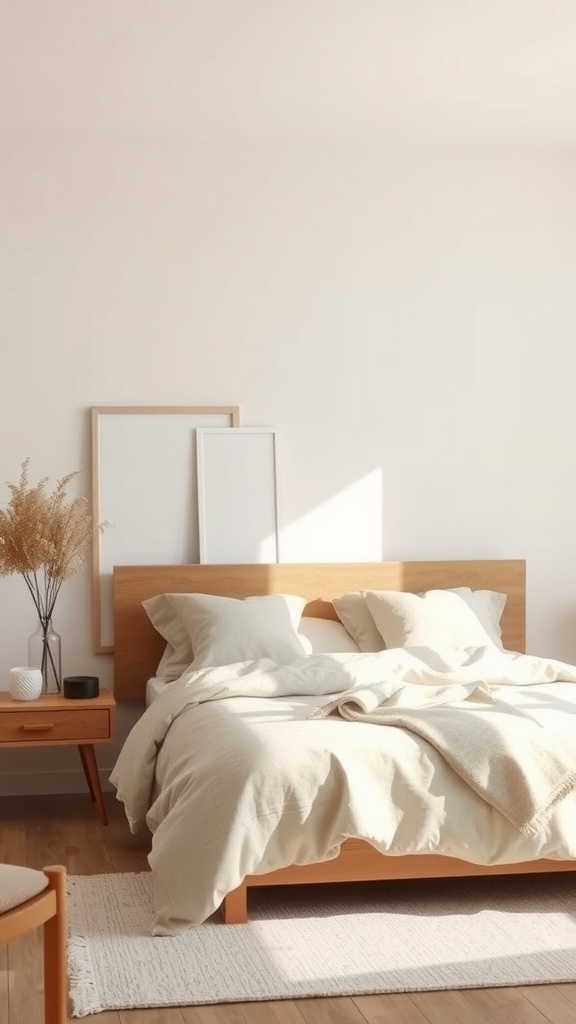 A serene bedroom with neutral tones, featuring a cozy bed, wooden furniture, and soft textures.