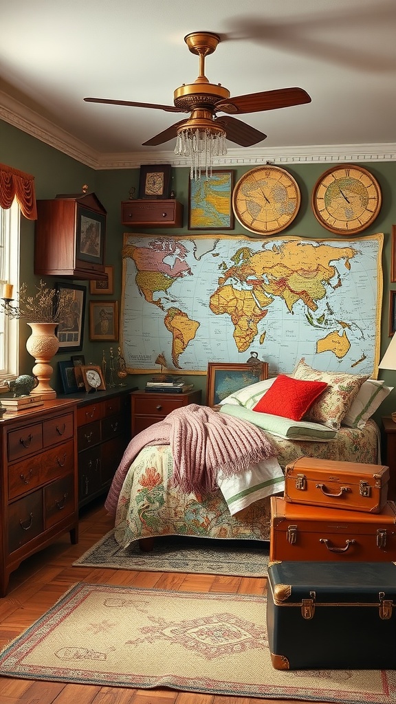 A vintage-themed bedroom featuring a world map mural, wooden furniture, and stacked vintage suitcases.