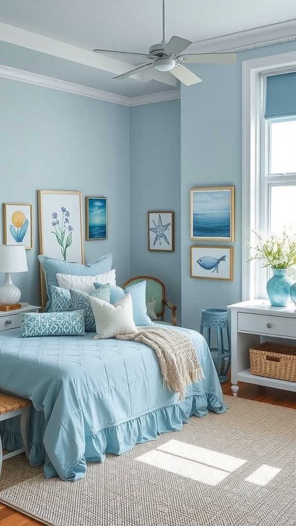 A beautifully decorated bedroom featuring ocean-inspired decor with light blue walls and various textures.