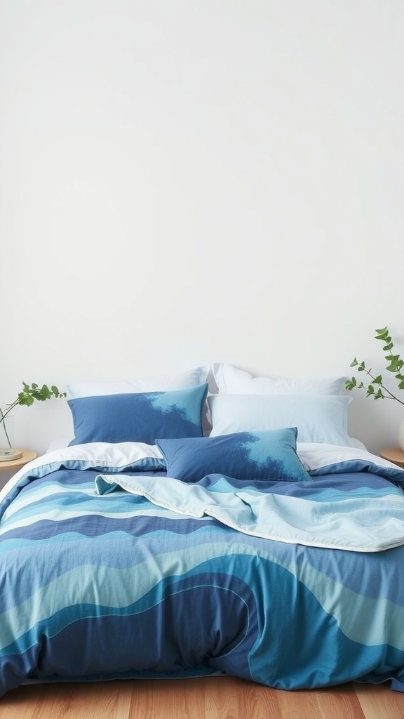 A bed with ocean wave inspired blue bedding, featuring various shades of blue and pillows.