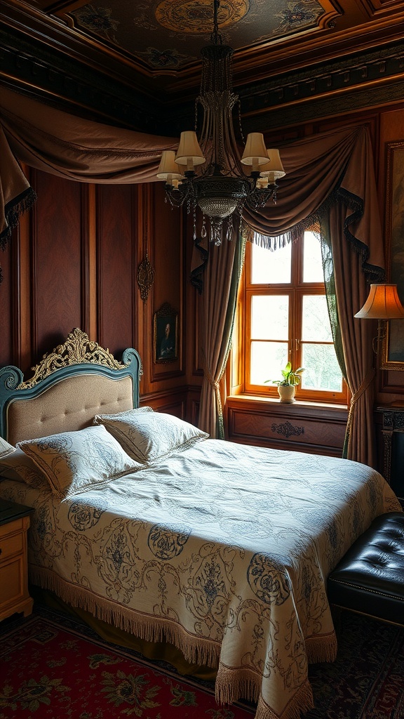 A vintage bedroom with rich wooden panels, a large bed with a patterned coverlet, and elegant drapes.
