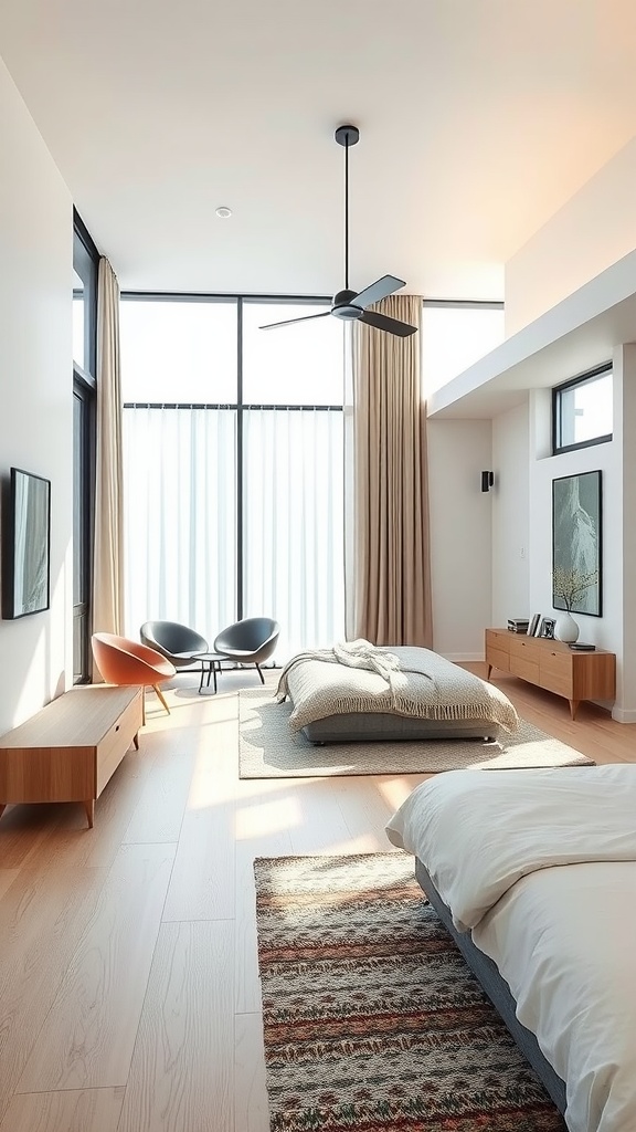 Modern bedroom with open floor plan, large windows, and minimalist furniture.