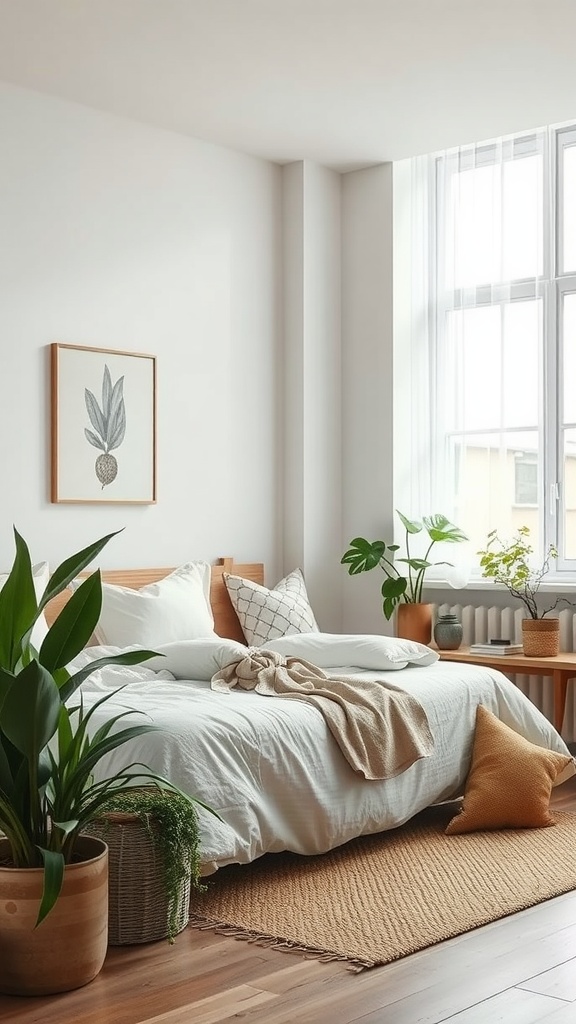 A serene bedroom featuring neutral tones, a plant, and natural light.