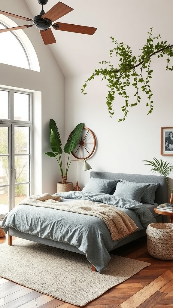 A serene outdoor-inspired bedroom featuring a grey bed, large windows, plants, and warm tones.