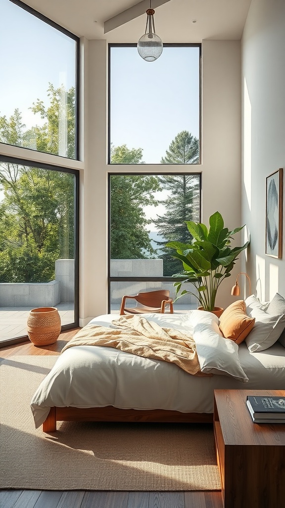 A modern bedroom featuring large windows, a cozy bed with neutral bedding, wooden furniture, and indoor plants.