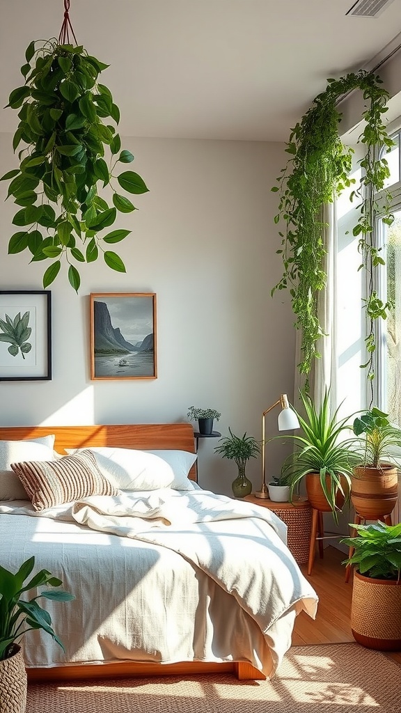 A cozy bedroom with a wooden bed, soft bedding, and various indoor plants hanging from the ceiling and placed around the room.