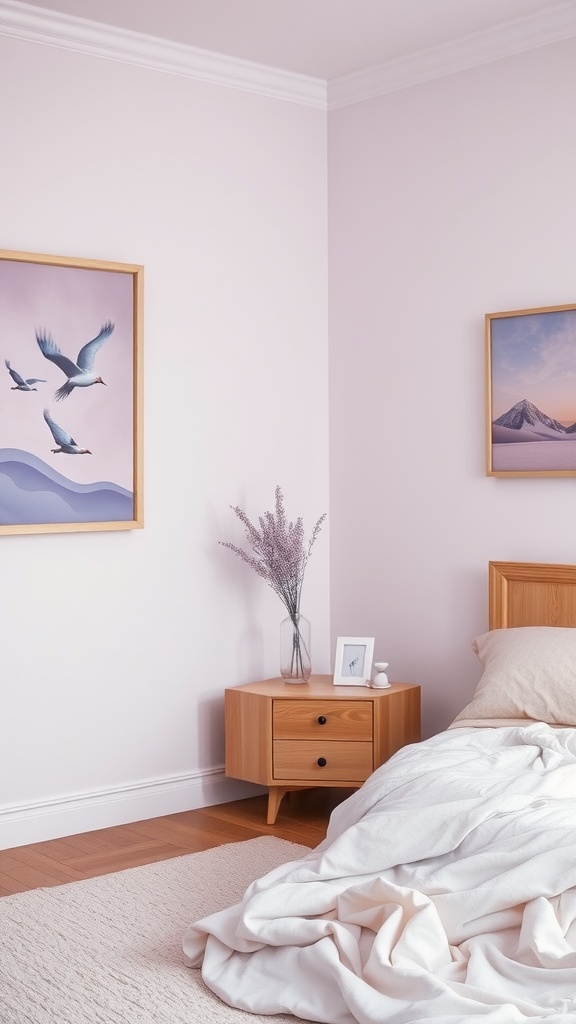 A cozy bedroom with pastel purple walls, featuring artwork and a wooden nightstand with flowers.